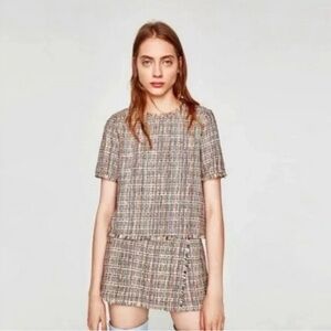 Zara Multi-Color Tweed Short Sleeve Top & Skort